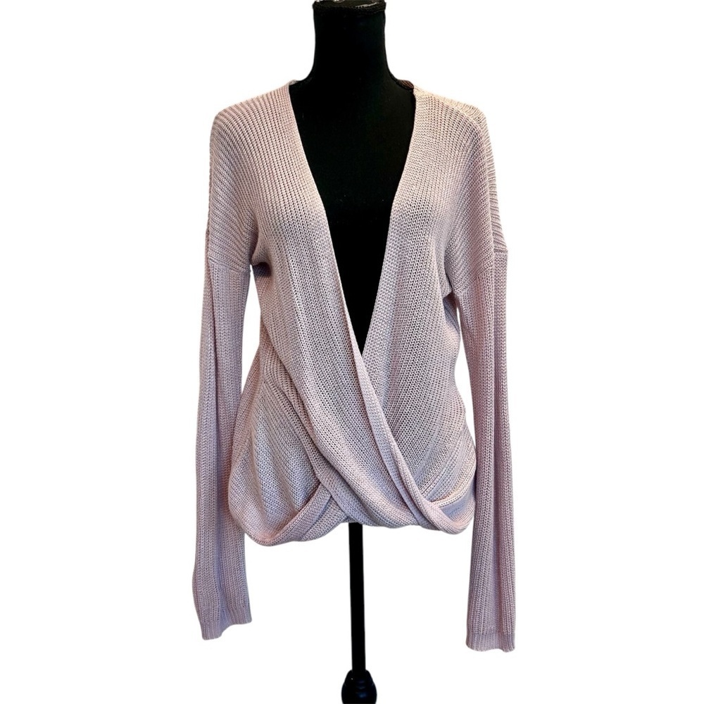 Pastel dusty rose pink crisscross draped knit sweater lightweight long sleeves M
